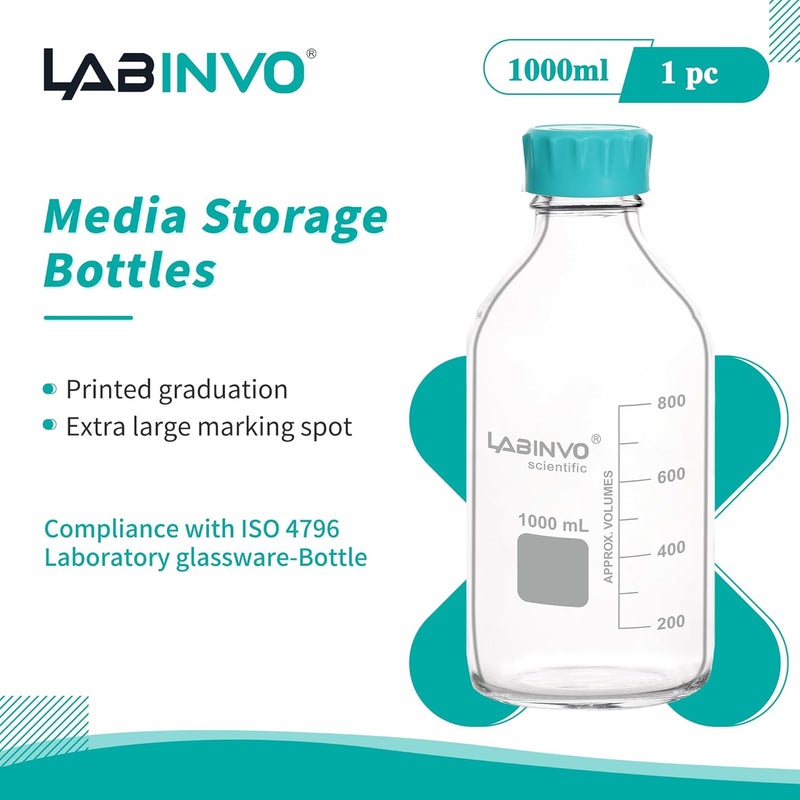 LINVO Glass Round Media Bottles, Vol.1000ml Borosilicate Glass Reagent Storage Bottle with GL45 Screw Cap, IN-RB1000A - Image 2
